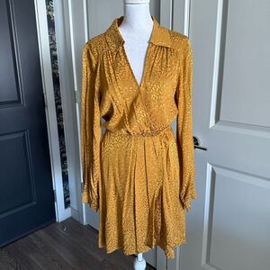 Anthropologie Silky Satin Gold Animal Print Wrap Shirt Dress Size S